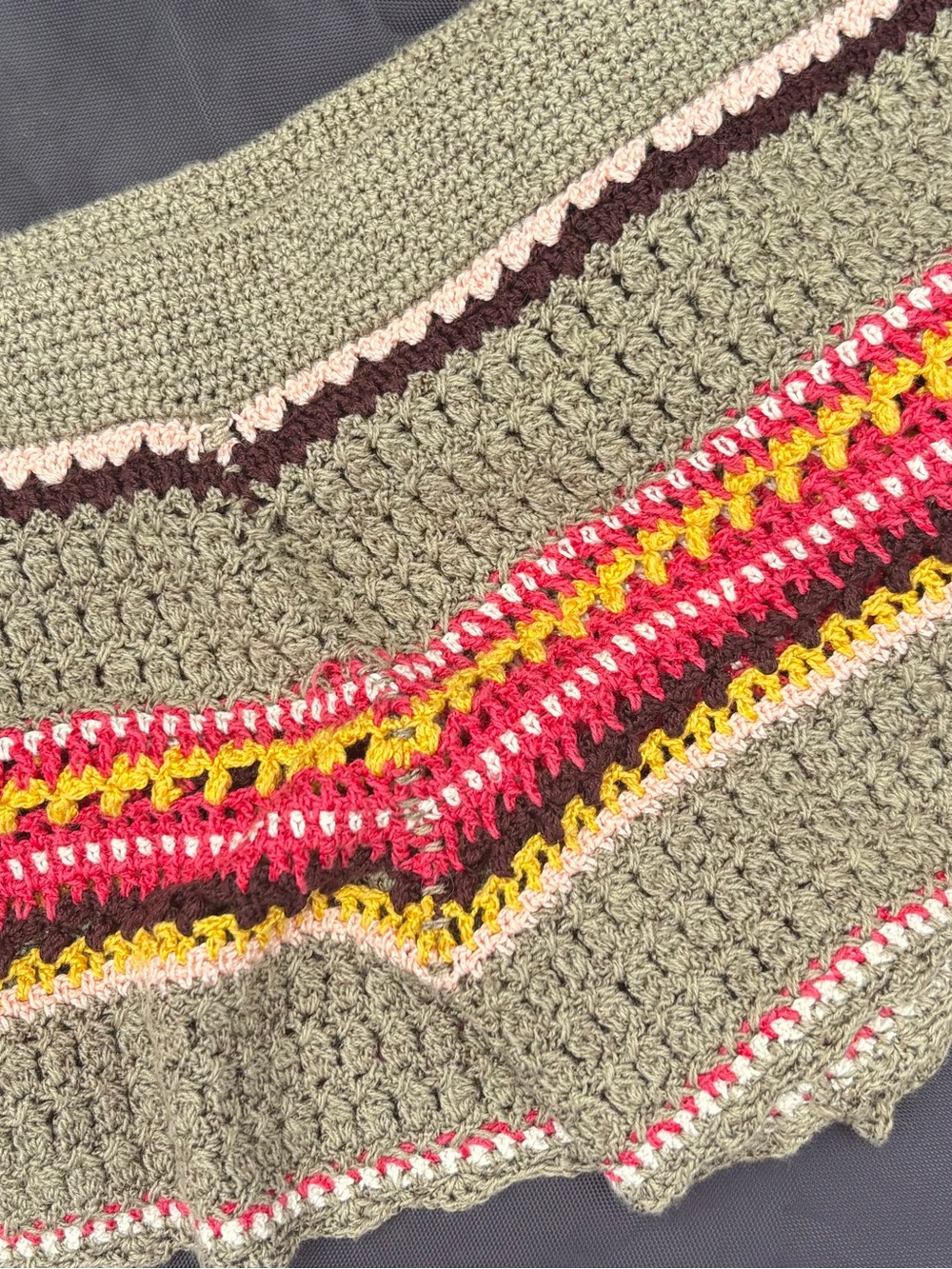 Guess Crochet Shorts in Olive Green with Pink, Burgundy, Yellow and Red Accents